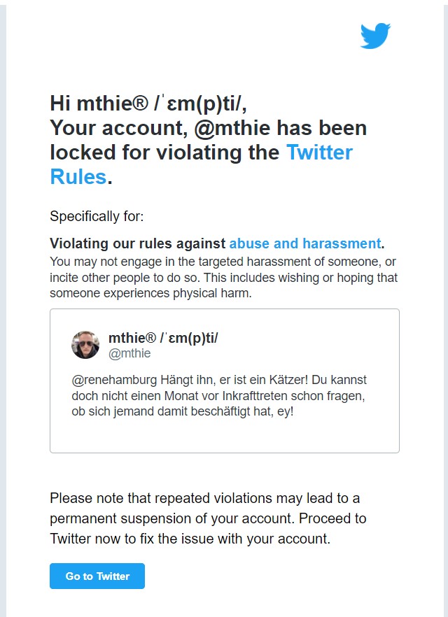 Screenshot einer Mail von Twitter, dass der Tweet gegen die Regeln verstößt