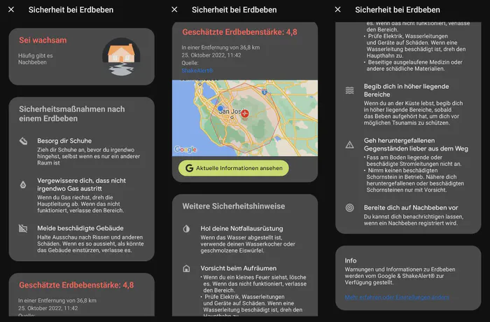 Screenshots der ShakeAlert-Warnungen