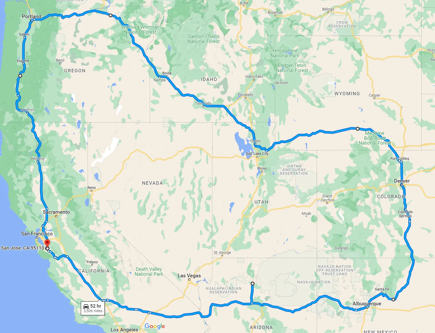 Ursprünglich geplante Route für den Roadtrip