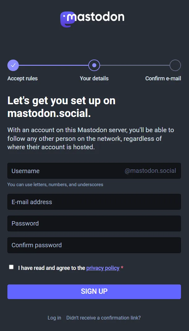 Registrierungsformular bei Mastodon.social