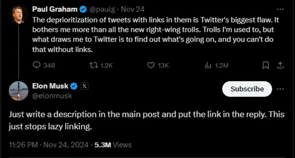 Screenshot eines Tweets von Elon Musk, Inhalt: 'Just write a description in the main post and put the link in the reply. This just stops lazy linking.', darüber ein Tweet von Paul Graham, Inhalt: 'The deprioritization of tweets with links in them is Twitter's biggest flaw. It bothers me more than all the new right-wing trolls. Trolls I'm used to, but what draws me to Twitter is to find out what's going on, and you can't do that without links.'